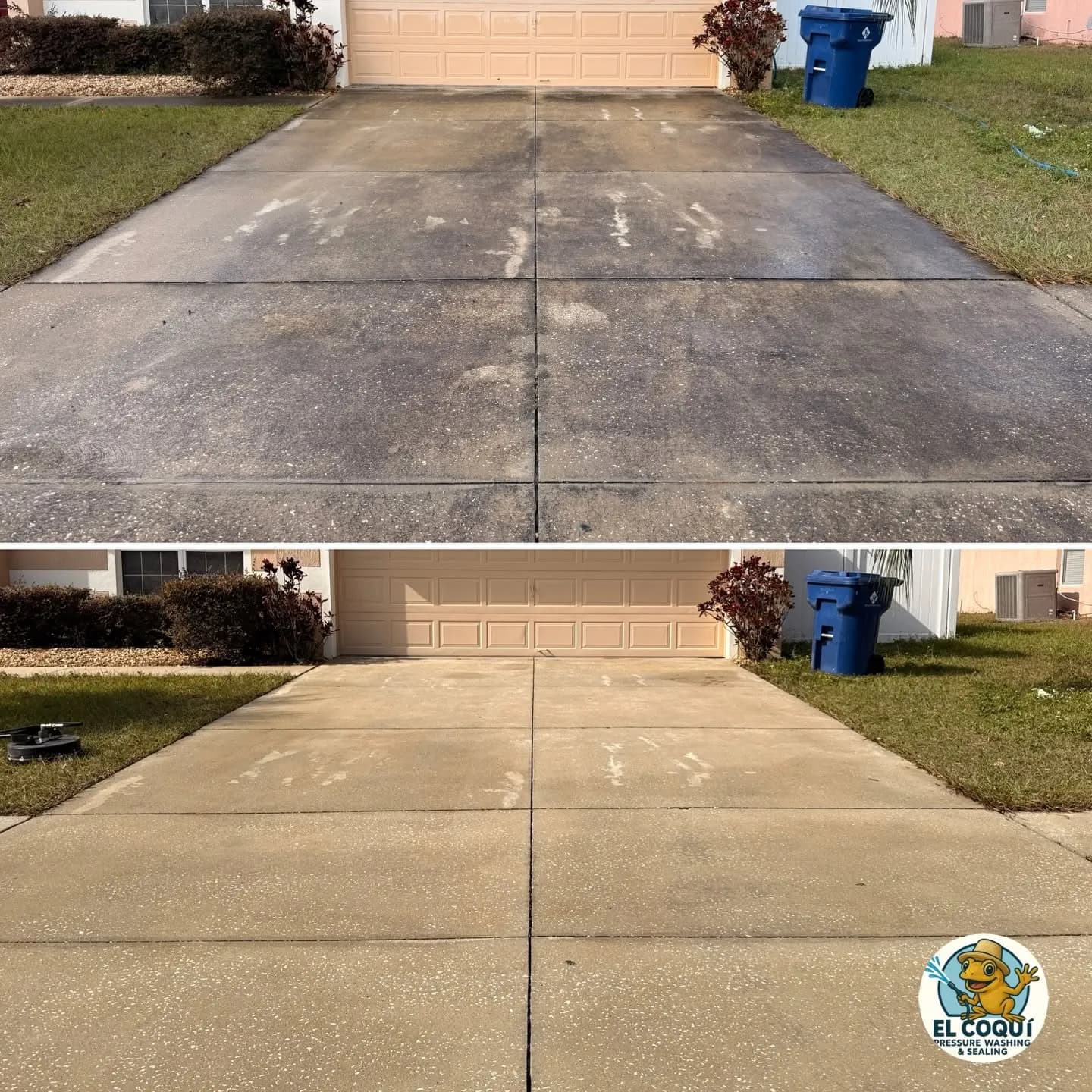 Before and after of a concrete driveway pressure washed from dirty to like-new
