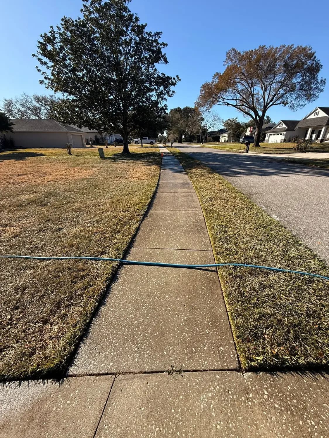 A long concrete sidewalk being pressure washed in a Florida neighborhood