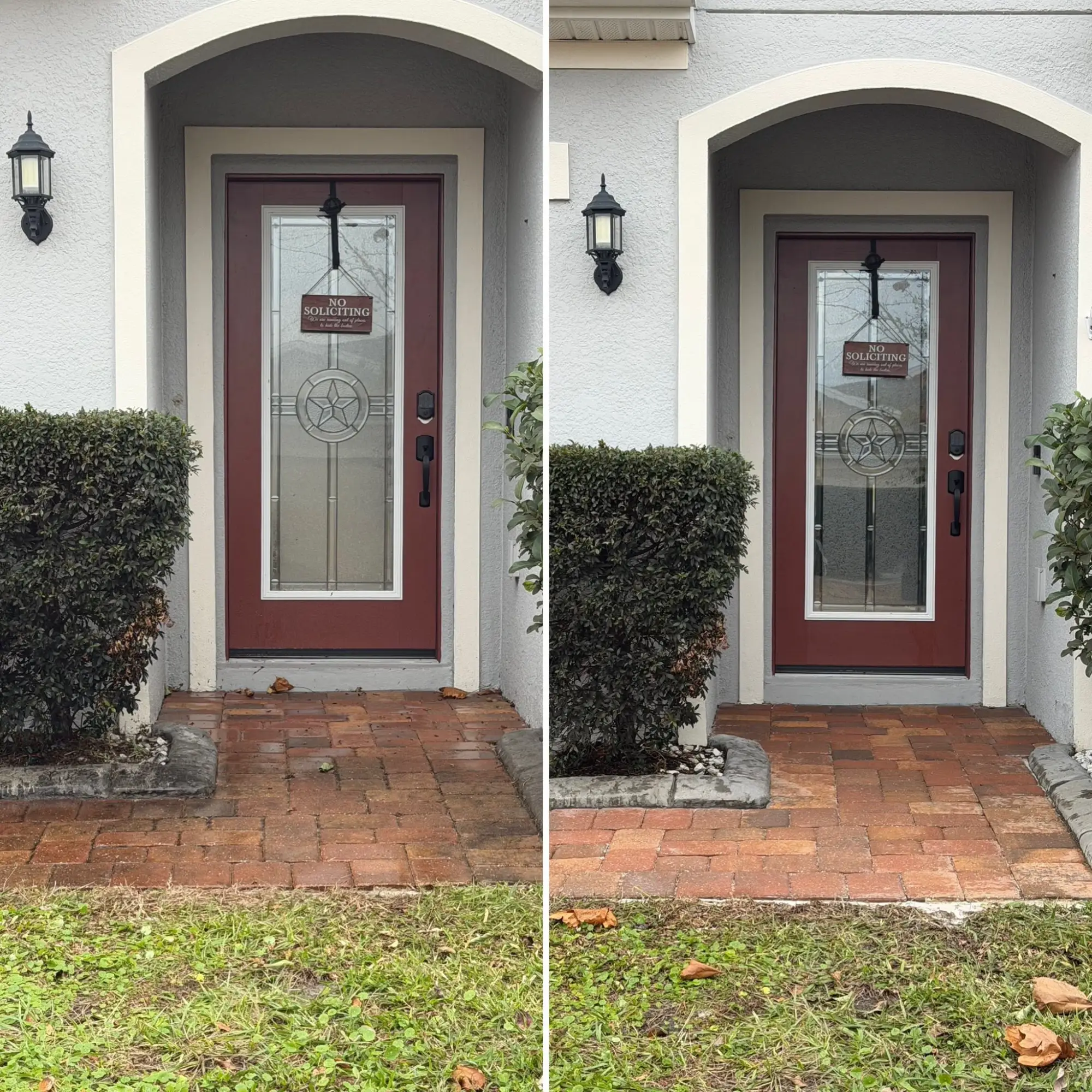 Before and after of a brick paver front-entry walkway cleaned
